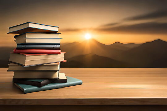 Books stacked on a table outdoors at sunset ready for reading to improve literature education, computer Generative AI stock illustration image