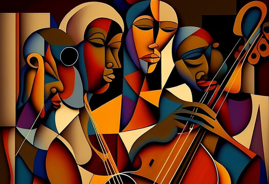 Afro-American female and male classical musician orchestra playing a cello in an abstract cubist style painting for a music poster or flyer, computer Generative AI stock illustration image