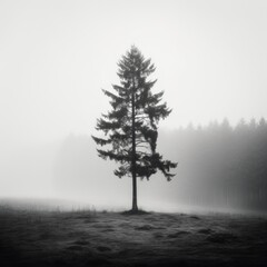 Fototapeta na wymiar A lone tree stands in a foggy field. AI generative image.