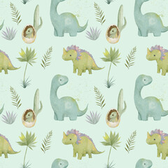 Fototapeta na wymiar seamless pattern with watercolor cute dinosaurs in the jungle