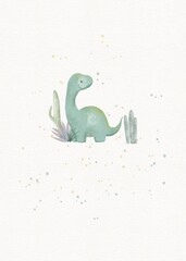 children's party invitation with watercolor cute dinosaurs in the jungle © alekuwka83