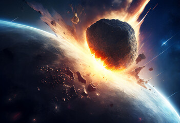 A huge asteroid comet in collision with the planet Earth bringing about extinction and annihilation and in a catastrophic cosmic event for our world, computer Generative AI stock illustration - obrazy, fototapety, plakaty