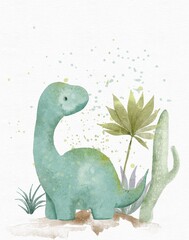 children's party invitation with watercolor cute dinosaurs in the jungle © alekuwka83