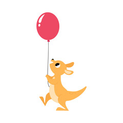 Cute Baby Kangaroo or Joey Character as Marsupial Mammal Carrying Balloon Vector Illustration