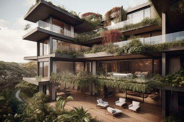 Luxury residential building with furnished terrace in isolated PNG rendering. Generative AI
