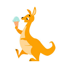 Cute Brown Kangaroo Marsupial Character with Pouch Walking with Ice Cream Vector Illustration