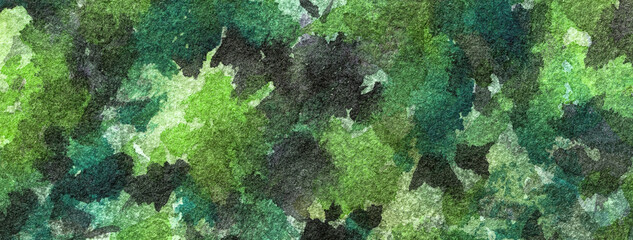 Abstract art background dark green and black colors. Watercolor painting on canvas with olive spots.