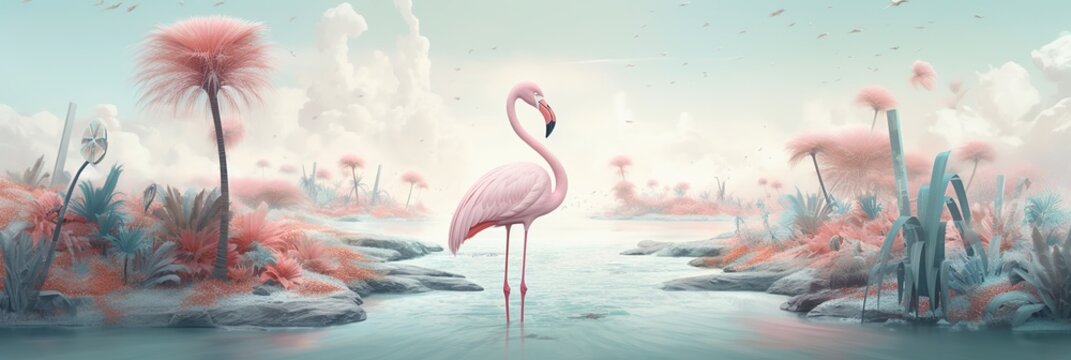 Flamingo whimsical design. Tropical background. Funny flamingo illustration.