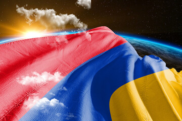 Armenia national flag cloth fabric waving on beautiful sky global Background.