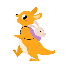 Cute Baby Kangaroo or Joey Character as Marsupial Mammal Walking with Backpack Vector Illustration