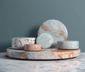 Round smooth marble podiums for elegant presentations on blue gray background. Empty space on natural rock stone for mockup template. Generative AI