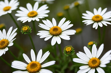 Daisies after the rain, with raindrops. Generative AI.