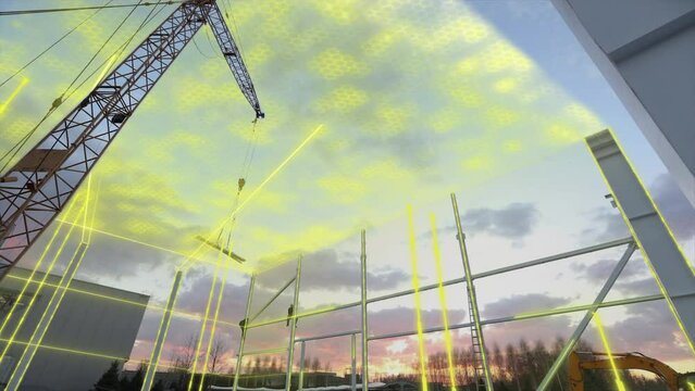 Construction site concept. Augmented reality at the construction site.Visualization of a future building on a construction site.