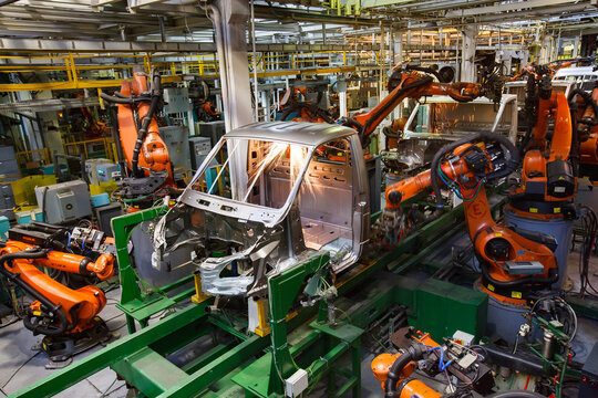 Nizhny Novgorod, Russia - November 21, 2020: GAZ car-building plant. Automatic car bodies welding line