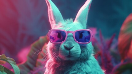 Fashion bunny wearing sunglasses on tropical background. Elegant style background. Rabbit costume. Trendy style. Happy easter.