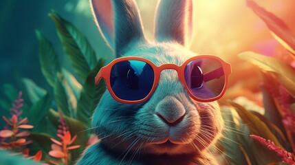 Fashion bunny wearing sunglasses on tropical background. Elegant style background. Rabbit costume. Trendy style. Happy easter.