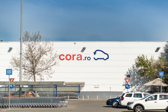Cluj-Napoca, Cluj-Romania-05.02.2023-Cora hypermarket signboard located &icirc;n Cluj-Napoca, Mănăștur neighbourhood. 