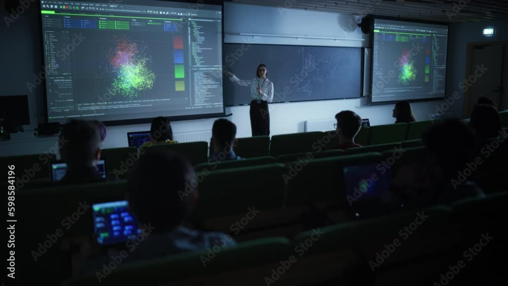 Poster young female teacher giving a data science lecture to diverse multiethnic group of female and male s