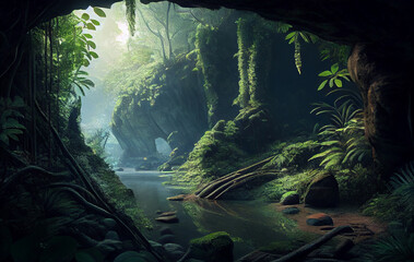A Mysterious Cave Nestled Within the Forest Embrace, Stillness of the Woods, the Trees and Plants Offering a Passage to the Realm and the Enigmas of  the Jungle