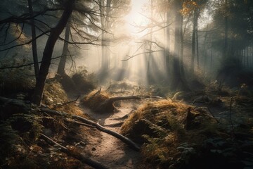Illustration of a magical forest with trees and sun shining through dust. Generative AI