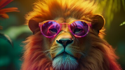 Retro hipster illustration with black fashion lion wearing sunglasses. Trendy illustration. Cute safari wildlife animal. Poster design.