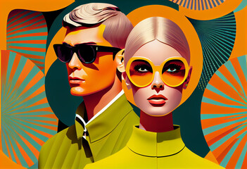 Pop art poster, vintage style creative potrait of romantic couple. Generative AI