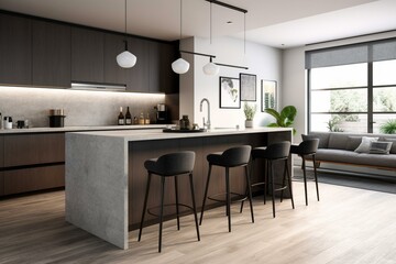 Modern kitchen with gray décor, bar seating, countertop, and a frame for artwork or photos. Generative AI