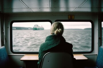 Woman in a ferry sitting in the cabin, looking through the window