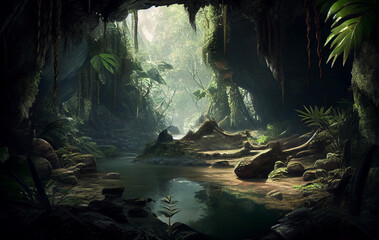 A Mysterious Cave Nestled Within the Forest Embrace, Stillness of the Woods, the Trees and Plants Offering a Passage to the Realm and the Enigmas of  the Jungle