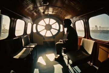Black man in a ferry boat, going to the city - obrazy, fototapety, plakaty