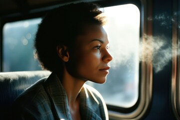 Black woman riding the bus in a misty morning - obrazy, fototapety, plakaty
