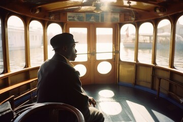 Black man in a ferry boat, going to the city - obrazy, fototapety, plakaty