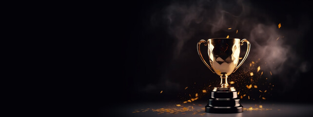Generative AI, Winner trophy with flames, golden champion cup with falling confetti on dark background	

