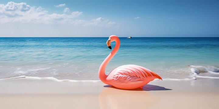 Flamingo float beach sand. Travel fashion. Summer vacation. Natural background. Banner design.