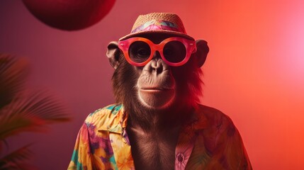 Beautiful portrait monkey design. Happy beautiful background. Fashion poster. Isolated . Smile face. Color background. Fashion style.