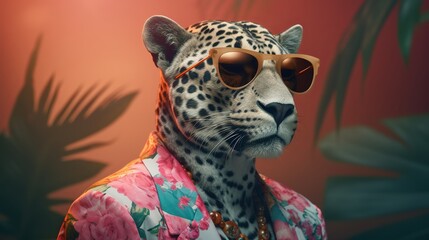 Fashion leopard wearing sunglasses in hipster style on tropical background. Beautiful leopard. Summer seamless. Leopard animal skin background. - obrazy, fototapety, plakaty
