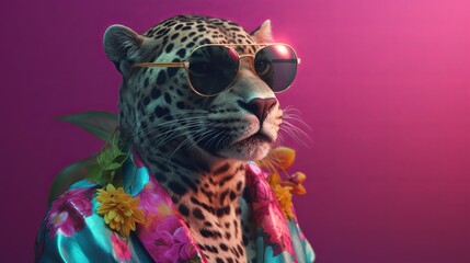 Obraz na płótnie Canvas Fashion leopard wearing sunglasses in hipster style on tropical background. Beautiful leopard. Summer seamless. Leopard animal skin background.