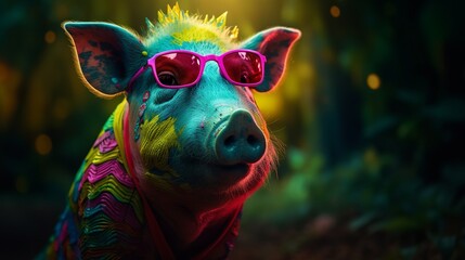 Fashion pig wearing sunglasses in stylish style. Fashion sketch. Realistic style. Stylish fashion frame. Holiday concept.