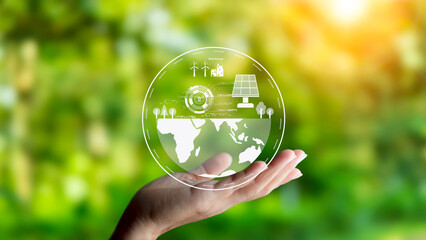 eco friendly energy. Innovation technology eco green concept. Icon solar energy sources for renewable on green blur background.Concept with innovation inspiration. Idea innovative from the big data