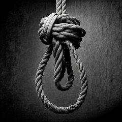 Rope noose for hangman made of natural fiber rope on a grainy gray wall. Hemp rope knot for gallows and Hang man over black concrete wall. Hang rope noose for homicide or commit suicide concept. - obrazy, fototapety, plakaty