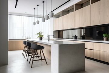 Fototapeta na wymiar Sleek contemporary kitchen with white walls and minimalist design. Generative AI