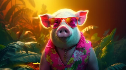 Fashion pig wearing sunglasses in stylish style. Fashion sketch. Realistic style. Stylish fashion frame. Holiday concept.