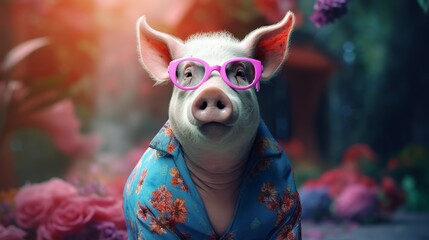 Fashion pig wearing sunglasses in stylish style. Fashion sketch. Realistic style. Stylish fashion frame. Holiday concept.