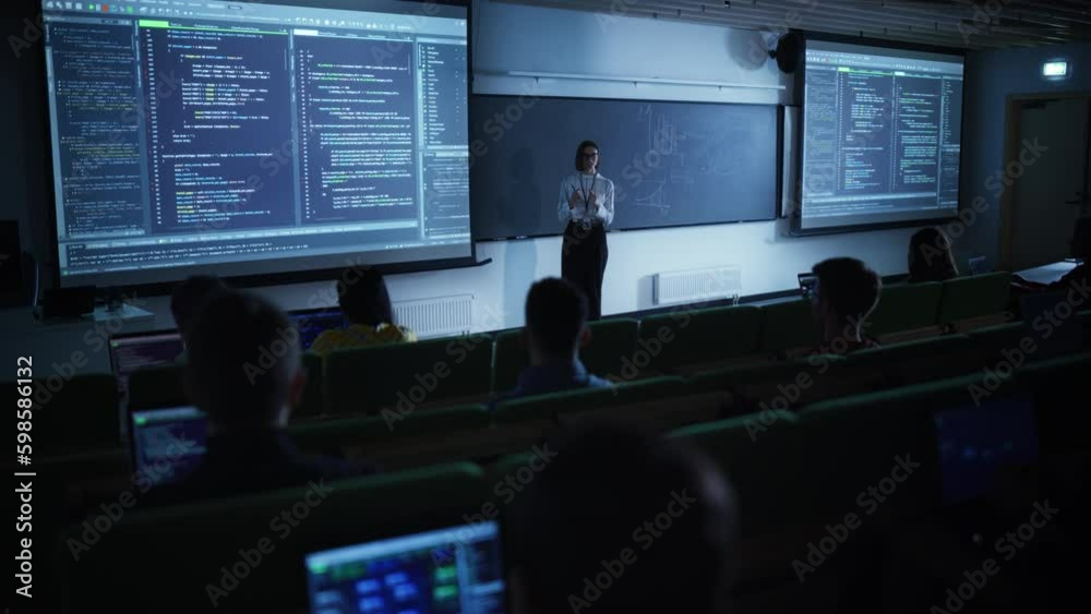 Poster young female lecturer giving a web development masterclass to diverse multiethnic group of students 