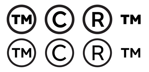 Set of registered trademark and copyright symbols in black color. Black circle vector tm, c, and r sign symbols on transparent background.  - obrazy, fototapety, plakaty