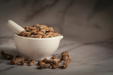 Closeup of Dry Sweet flag or Vach (Acorus calamus) roots, in a white ceramic mortar and pestle front view on a marble background.