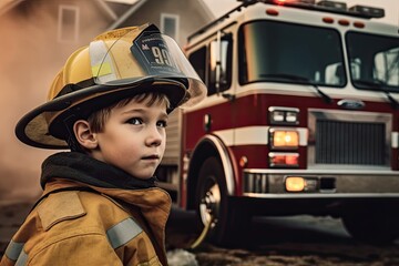 young boy playing the role of a firefighter, showcasing the innate sense of heroism and selflessness that exists within all of us. Generative AI - obrazy, fototapety, plakaty