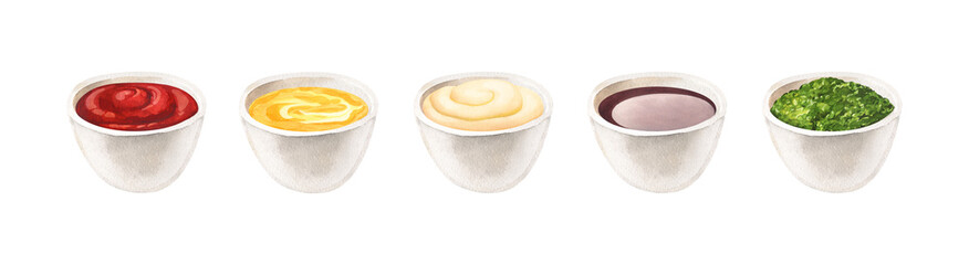 Watercolor delicious bowls with sauces. Hand-drawn illustration isolated on white background close-up. Perfect for menu cafe, restaurant, recipe book, cooking, barbecue