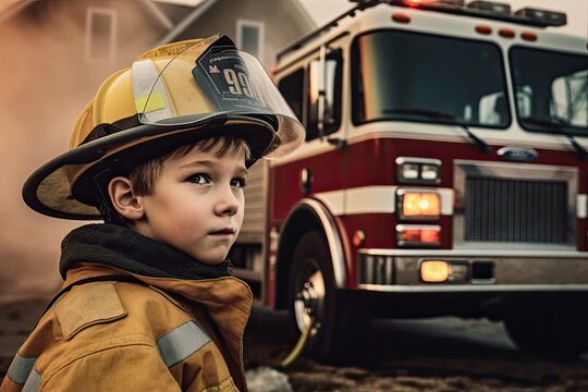 young boy playing the role of a firefighter, showcasing the innate sense of heroism and selflessness that exists within all of us. Generative AI