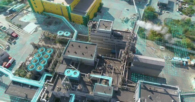Concept of a modern factory, drone view. Flight over the modern factory. Modern factory aerial view. Digitalization of production